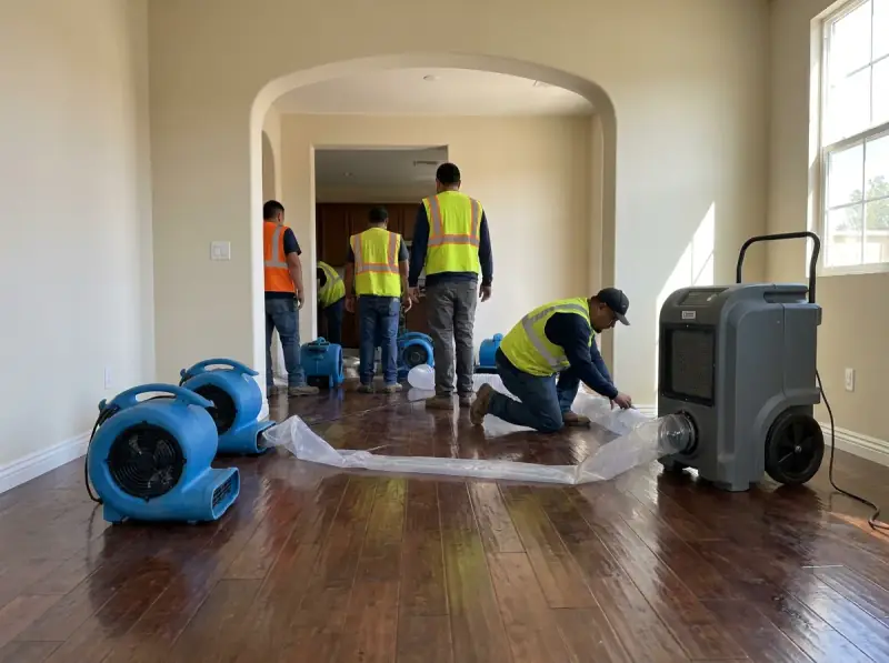 Commercial air movers and an LGR dehumidifier running on a wet floor in Corona, California