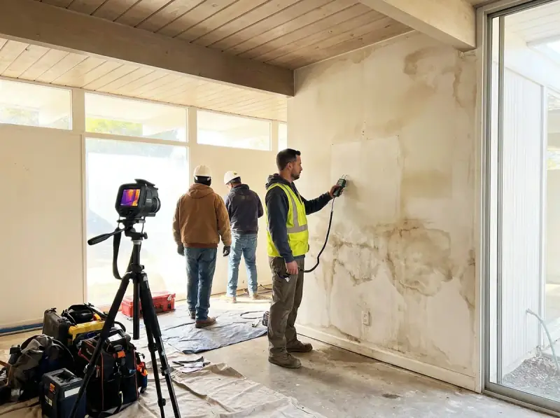 Technician taking a moisture meter reading on a water-damaged wall in Cupertino, California