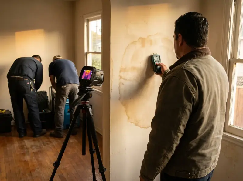 Technician taking a moisture meter reading on a water-damaged wall in Downey, California