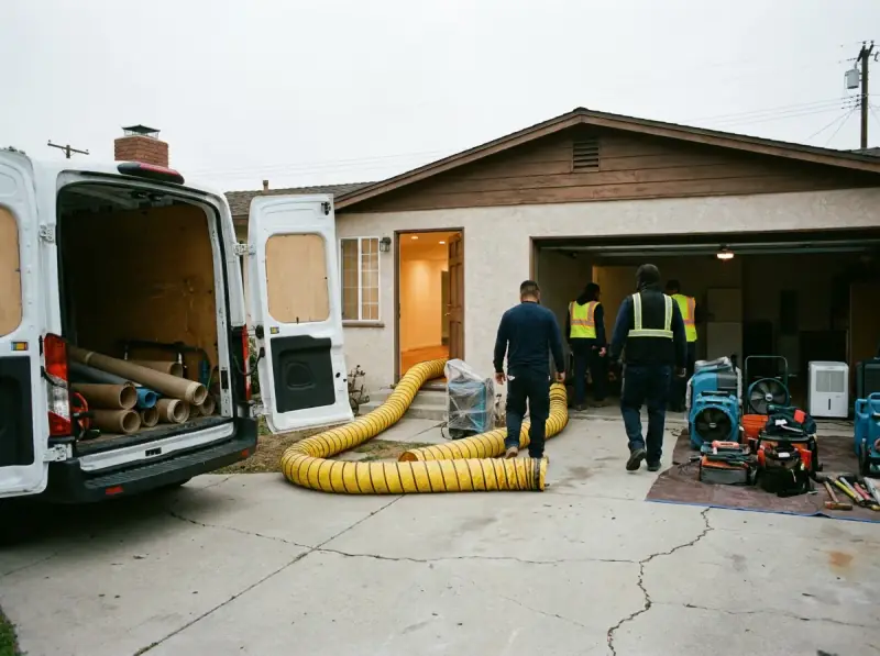 Restoration van staged with extraction hose run to the property in Downey, California