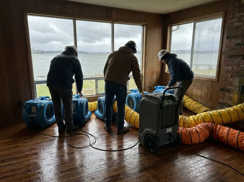 Commercial air movers and an LGR dehumidifier running on a wet floor in Foster City, California