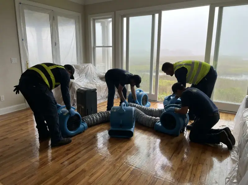 Commercial air movers and an LGR dehumidifier running on a wet floor in Oxnard, California