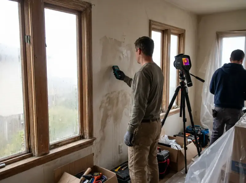 Technician taking a moisture meter reading on a water-damaged wall in Oxnard, California