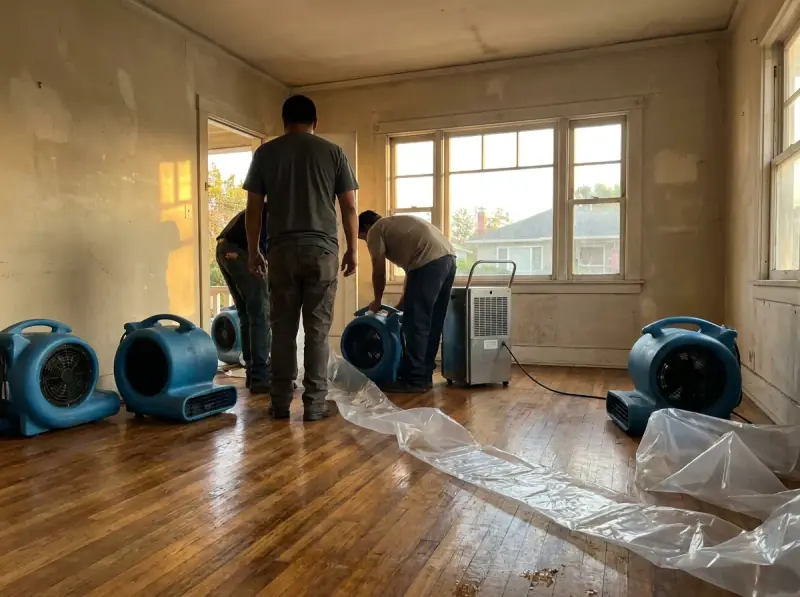 Commercial air movers and an LGR dehumidifier running on a wet floor in Pomona, California