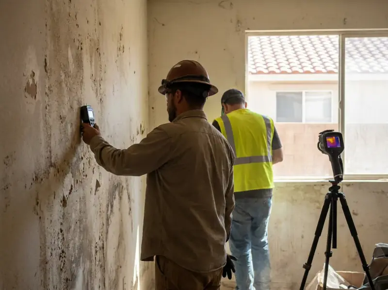 Technician taking a moisture meter reading on a water-damaged wall in Rancho Cucamonga, California