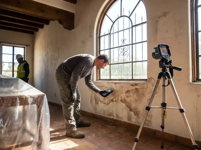 Technician taking a moisture meter reading on a water-damaged wall in San Diego, California