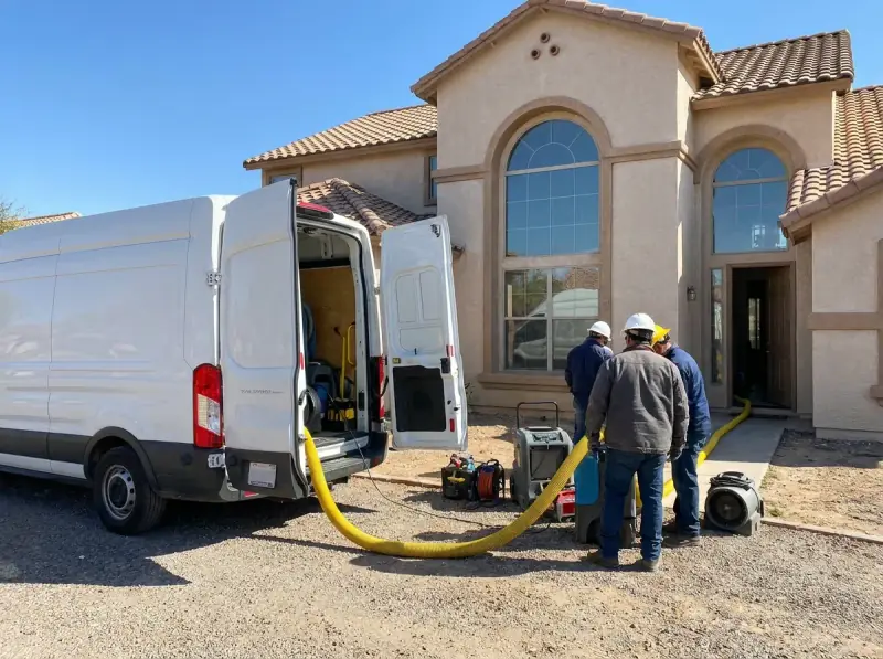 Restoration van staged with extraction hose run to the property in San Diego, California