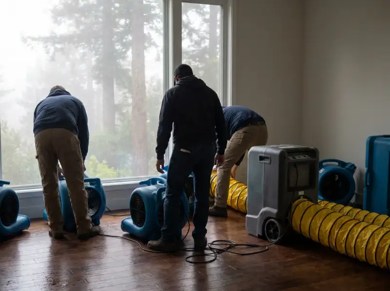 Commercial air movers and an LGR dehumidifier running on a wet floor in San Rafael, California