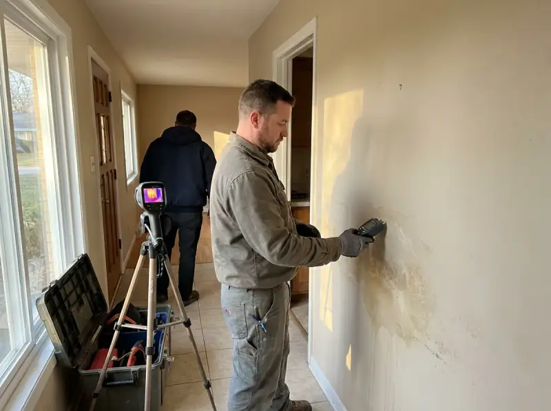 Technician taking a moisture meter reading on a water-damaged wall in Santa Clara, California