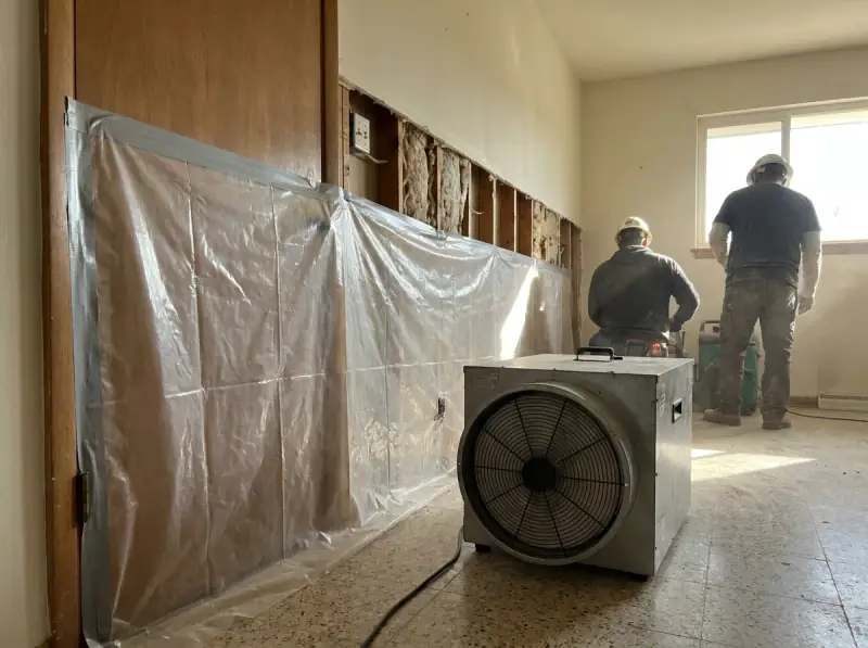 Plastic containment with a negative air machine and flood-cut drywall in Santa Clara, California