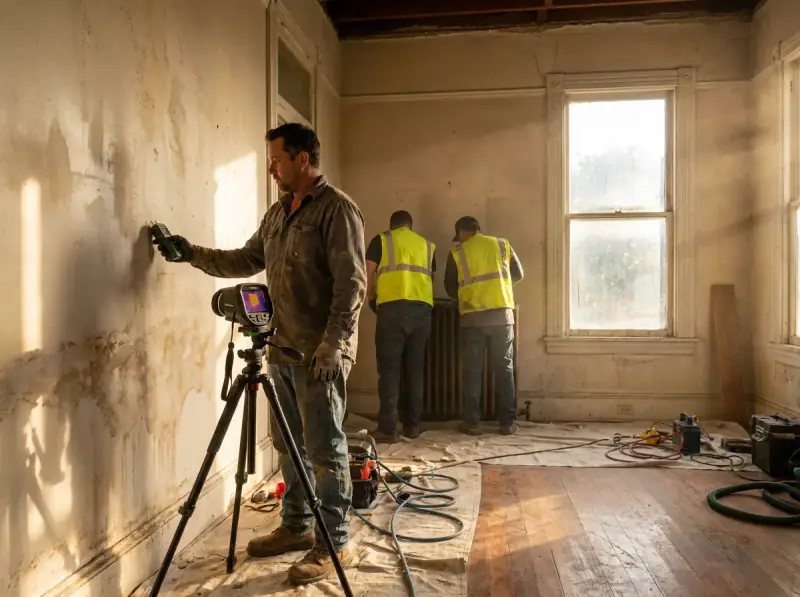 Technician taking a moisture meter reading on a water-damaged wall in Stockton, California