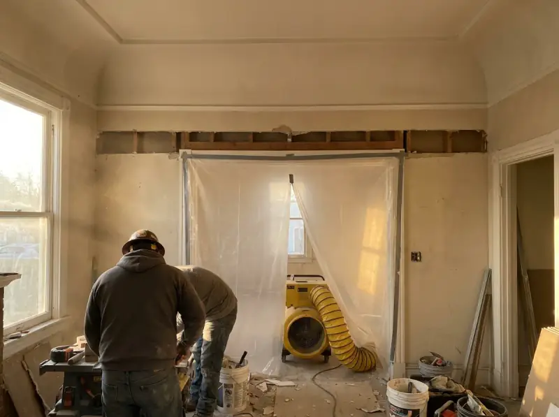 Plastic containment with a negative air machine and flood-cut drywall in Stockton, California