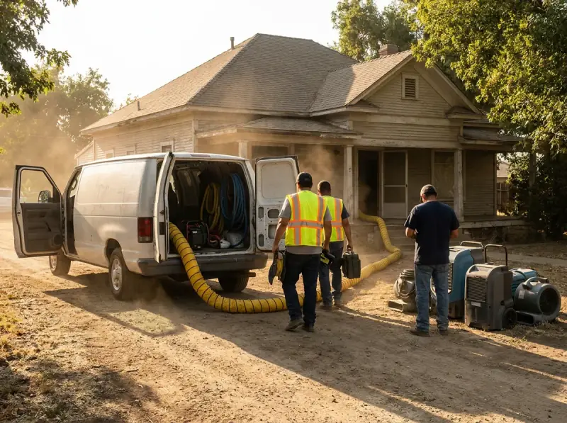 Restoration van staged with extraction hose run to the property in Stockton, California