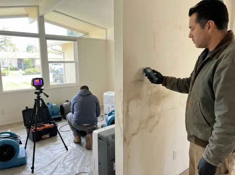 Technician taking a moisture meter reading on a water-damaged wall in Sunnyvale, California