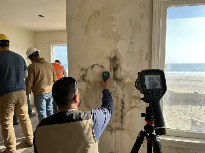 Technician taking a moisture meter reading on a water-damaged wall in Ventura, California