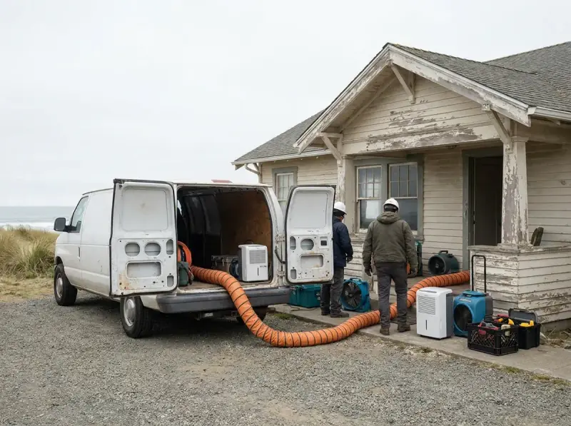 Restoration van staged with extraction hose run to the property in Ventura, California