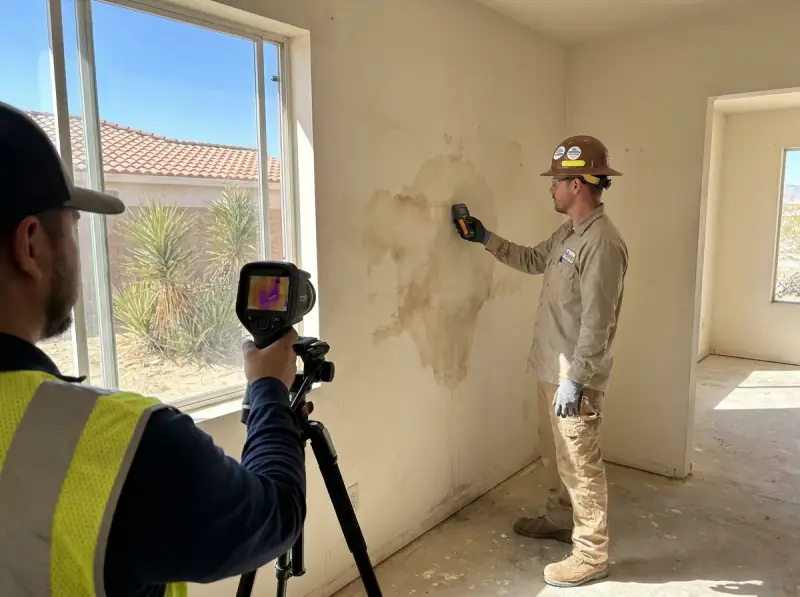 Technician taking a moisture meter reading on a water-damaged wall in Victorville, California