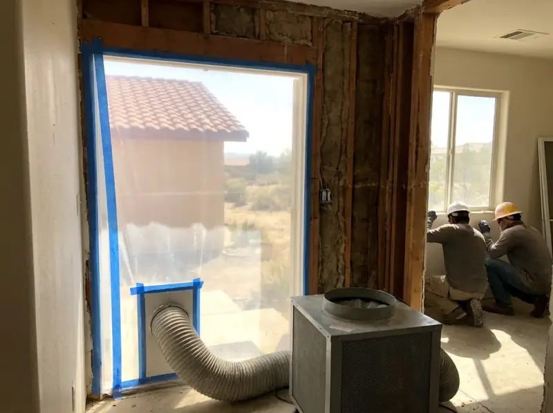 Plastic containment with a negative air machine and flood-cut drywall in Victorville, California