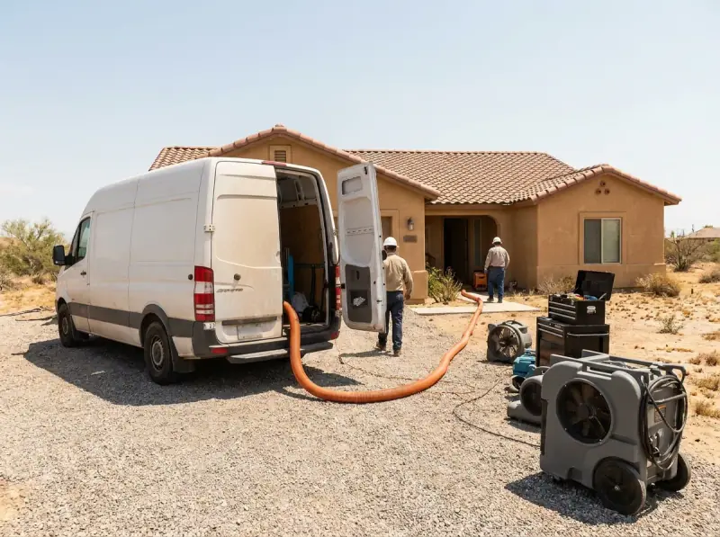 Restoration van staged with extraction hose run to the property in Victorville, California
