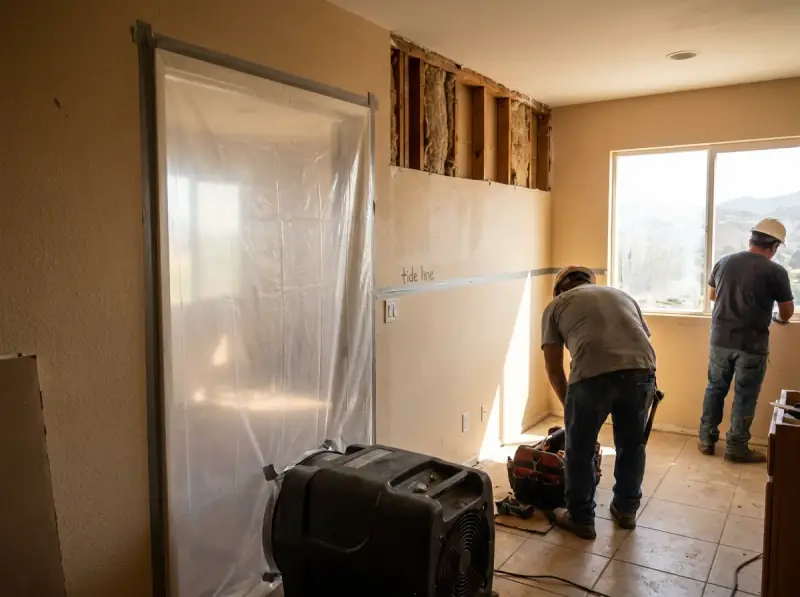 Plastic containment with a negative air machine and flood-cut drywall in Walnut, California