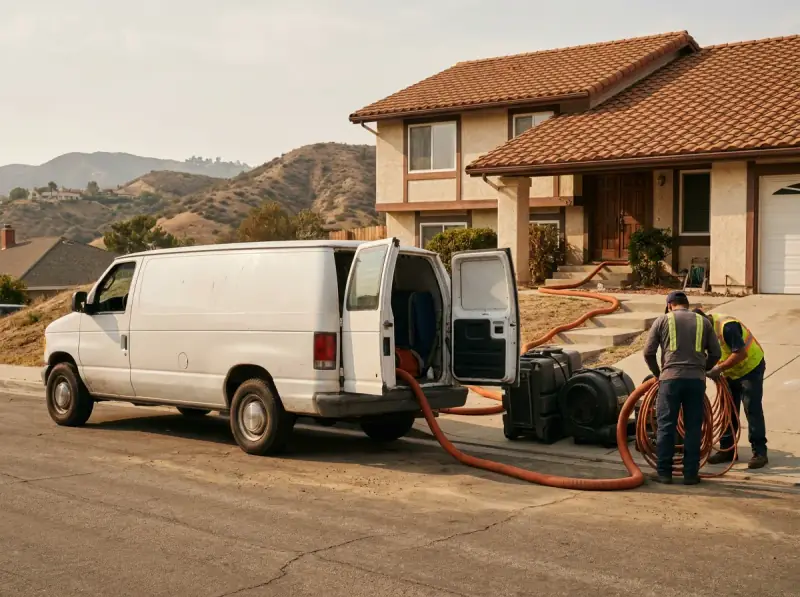 Restoration van staged with extraction hose run to the property in Walnut, California