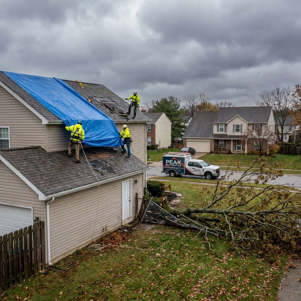 Storm-damaged property being stabilised
